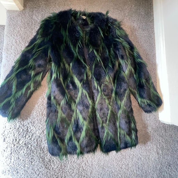 ZADIG & VOLTAIRE Louisy Harlequin Faux Fur Coat Marine Blue/Green Size S - Picture 10 of 12